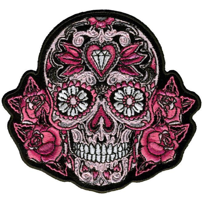 Pink Sugar Skull and Roses patch by Hot Leathers, 4x4 inches, featuring vibrant skull and floral design for clothing or accessories.