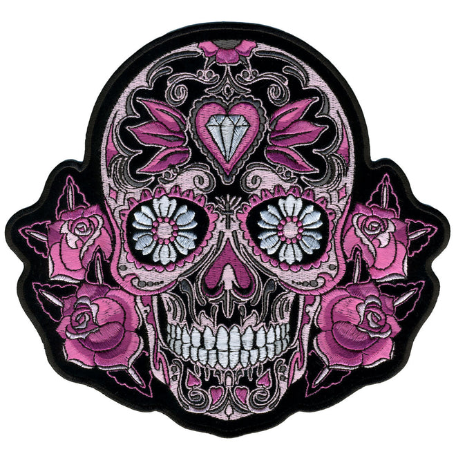 Pink Sugar Skull and Roses patch by Hot Leathers, 8x8 inches, featuring vibrant skull and floral design on fabric.