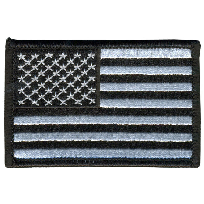 Black and white American flag patch by Hot Leathers, 5x3 inches, featuring stars and stripes design on fabric patch.