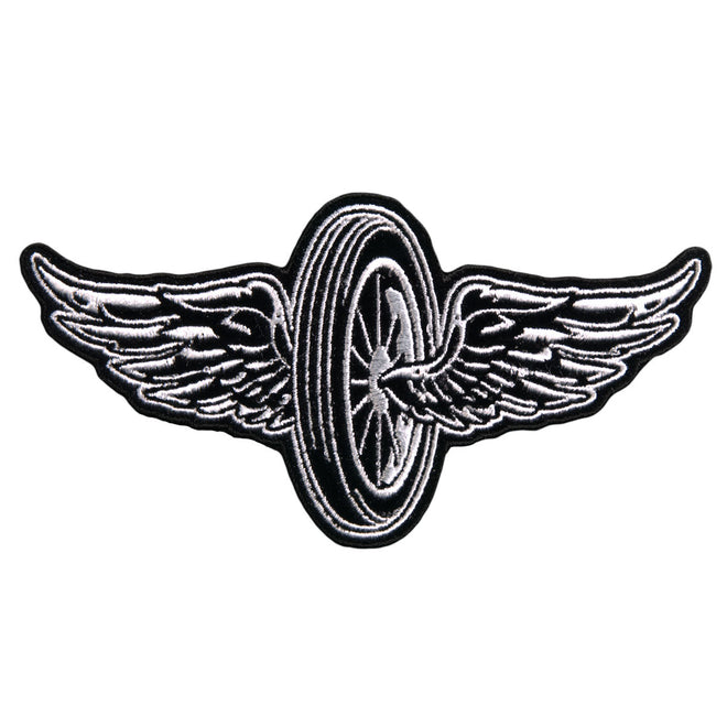 Hot Leathers Flying Wheel patch, 11x6 inches, featuring a vibrant wheel design on a black background.