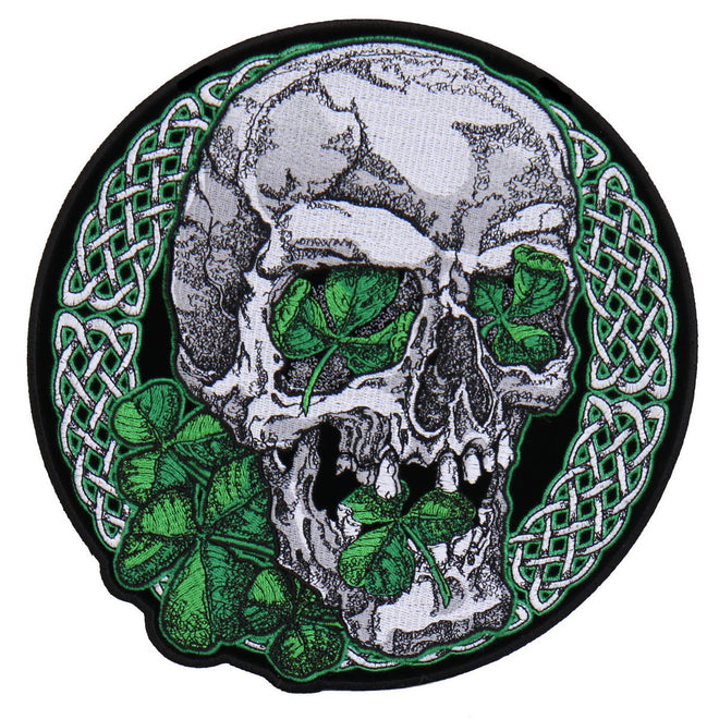 Hot Leathers Irish Skull patch, 4x4 inches, featuring a detailed skull design with Celtic accents on fabric.