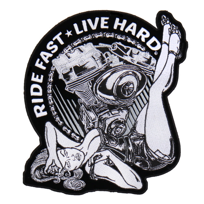 Hot Leathers Motor Pin Up patch, 4.5 x 4 inches, featuring vintage pin-up girl design on embroidered fabric.