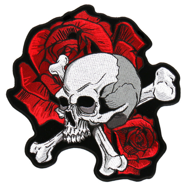 Hot Leathers Skull and Roses patch featuring detailed embroidery, measuring 4x4.5 inches, with vibrant skull and floral design.