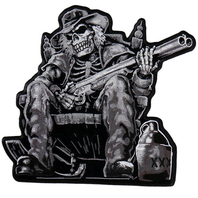 Hot Leathers Moonshine Skeleton patch, 9x9 inches, featuring detailed skeleton design on black fabric for motorcycle or biker gear.