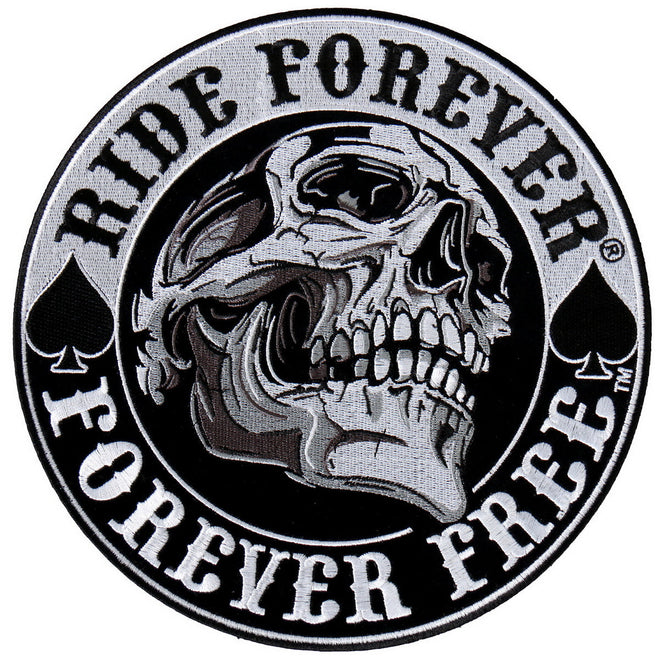 Hot Leathers Ride Forever Skull patch, 9x9 inches, featuring a detailed skull design for motorcycle apparel or gear.