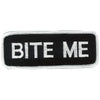 Hot Leathers Bite Me patch, 4x2 inch leather-style patch with bold text, suitable for customizing jackets or backpacks.