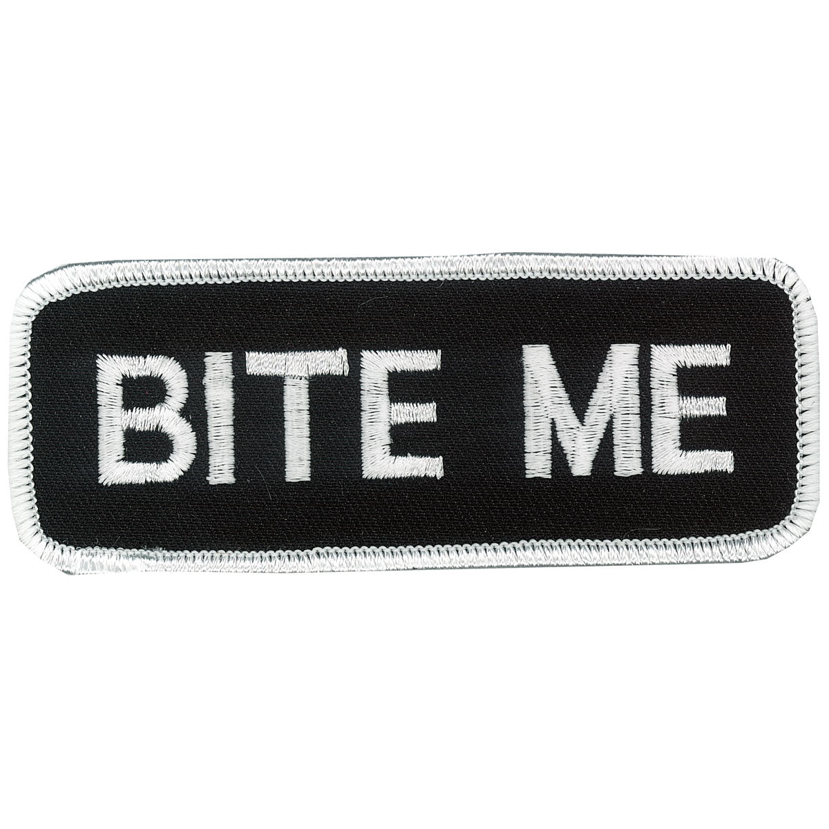 Hot Leathers Bite Me patch, 4x2 inch leather-style patch with bold text, suitable for customizing jackets or backpacks.