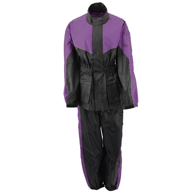 Milwaukee Leather NexGen Ladies XS5001 black and purple waterproof rain suit with reflective piping for outdoor protection.