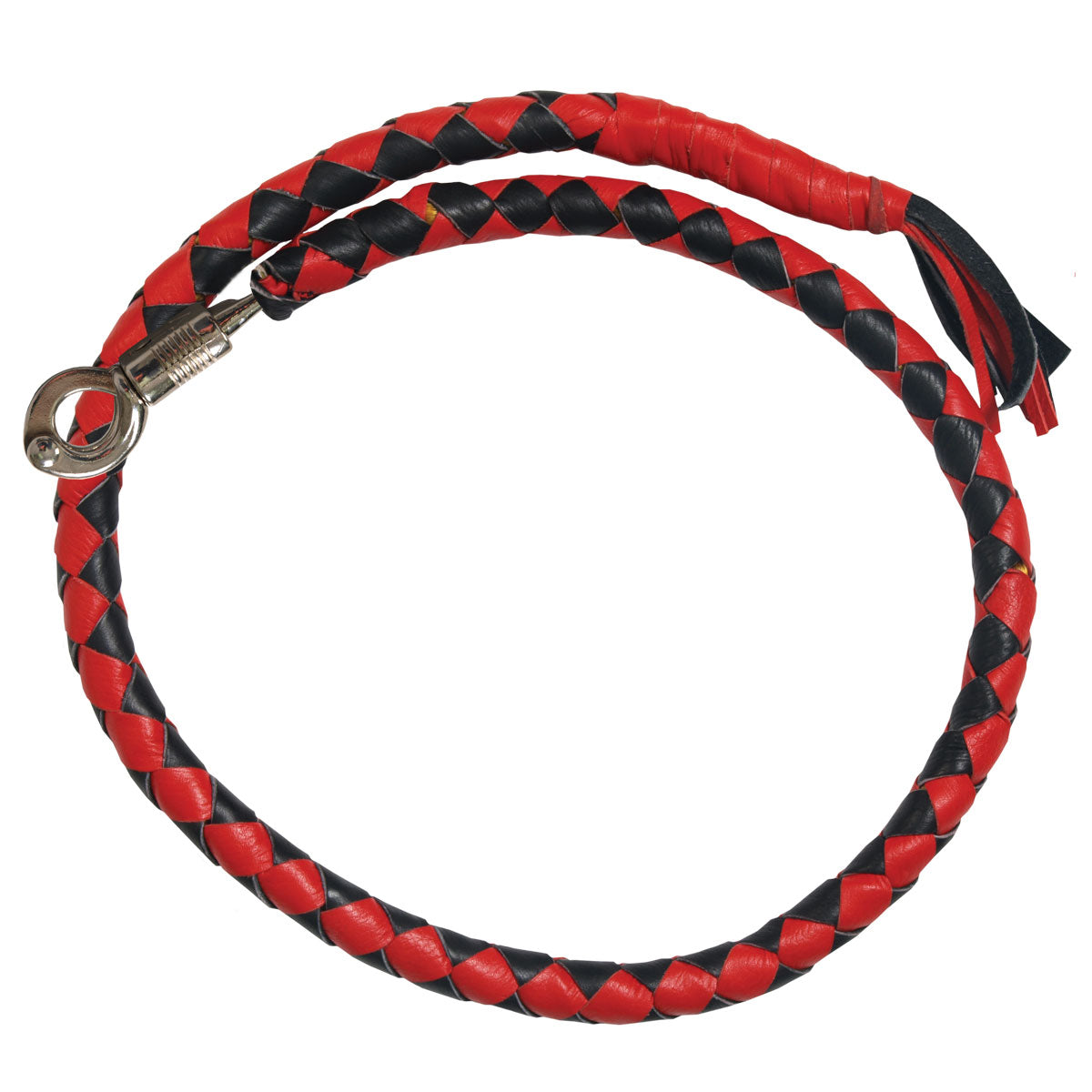 Hot Leathers Get Back leather whip in red and black with braided handle, designed for durability and classic style.