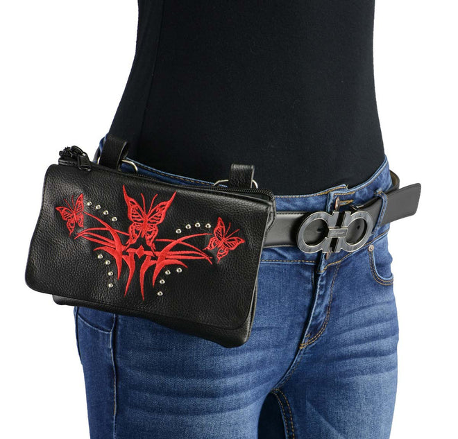Milwaukee Leather MP8851 women's black and red leather belt bag with multiple pockets, designed for clip, thigh, and fan bag styles.