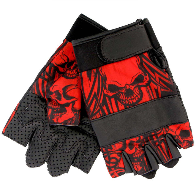 Black leather fingerless gloves with red skull design by Hot Leathers, perfect for a bold, edgy look.