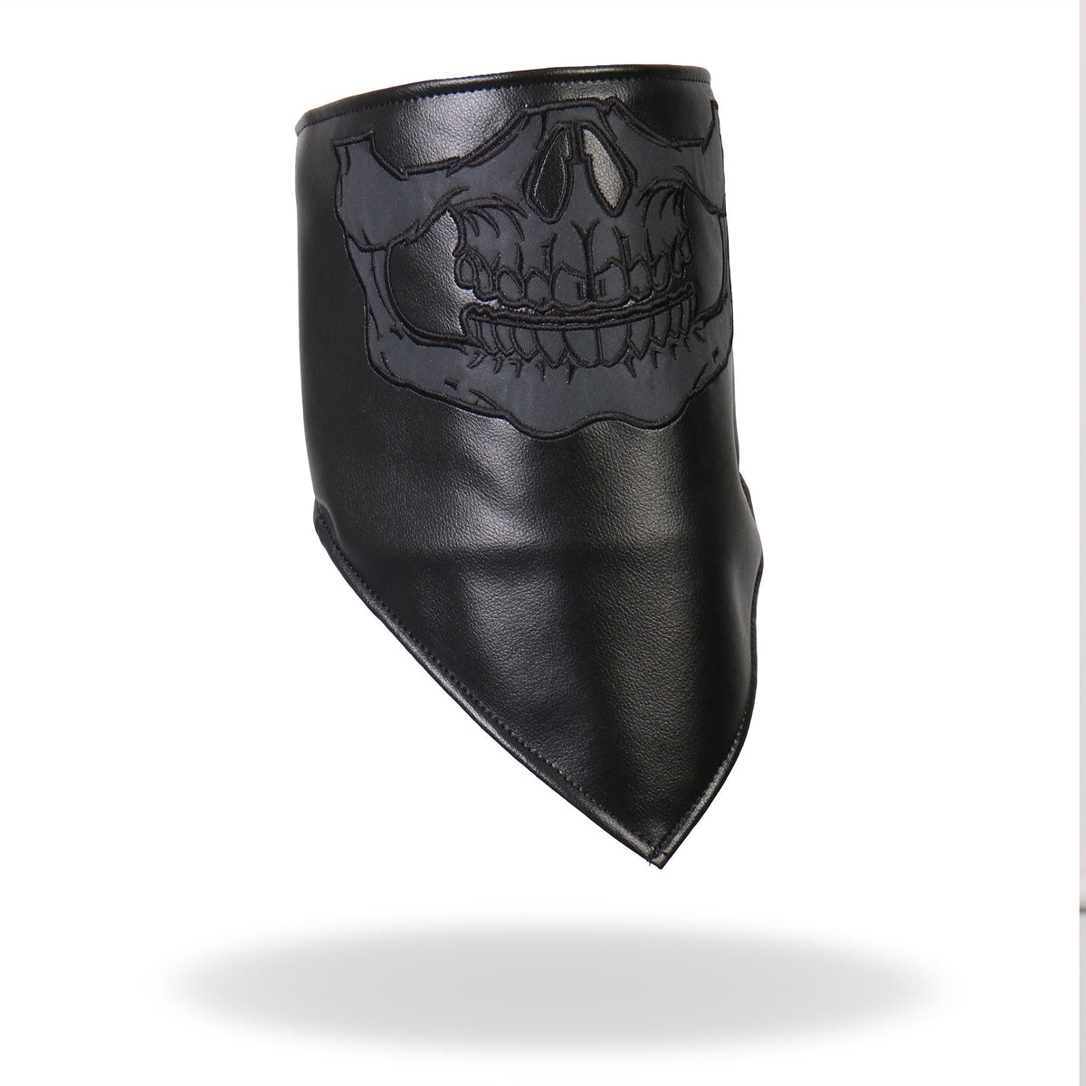 Hot Leathers black leather reflective skull neck warmer with fleece lining, designed for face, neck, and safety use.