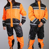 Hot Leathers unisex waterproof rain suit in orange and black, shown with jacket and pants on a mannequin.