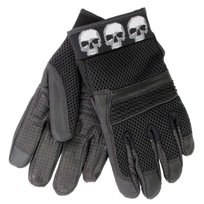 Hot Leathers Uni-Sex black leather and mesh gloves with skull design and i-Touch screen compatibility, featuring a row of skulls pattern.