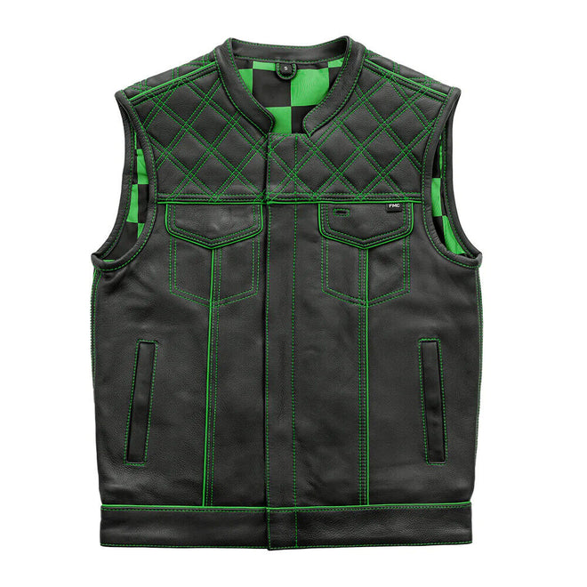 Men's motorcycle leather vest in green checker pattern from FIRST MFG, featuring a classic vest design with leather material.