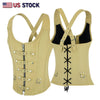 Buffalo Leather Gear tan corset vest with steel boning, strap lacing, and bustier design, made from real leather for women.