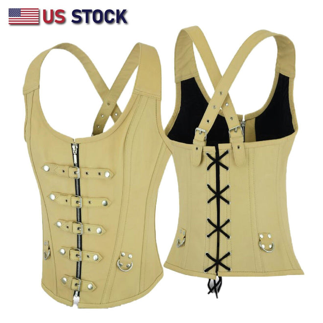 Buffalo Leather Gear tan corset vest with steel boning, strap lacing, and bustier design, made from real leather for women.