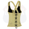 Buffalo Leather Gear tan corset vest with steel boning, strap lacing, and bustier design, made of real leather for women.
