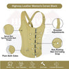 Buffalo Leather Gear tan leather corset vest with steel boned lacing, strap detailing, designed for women.