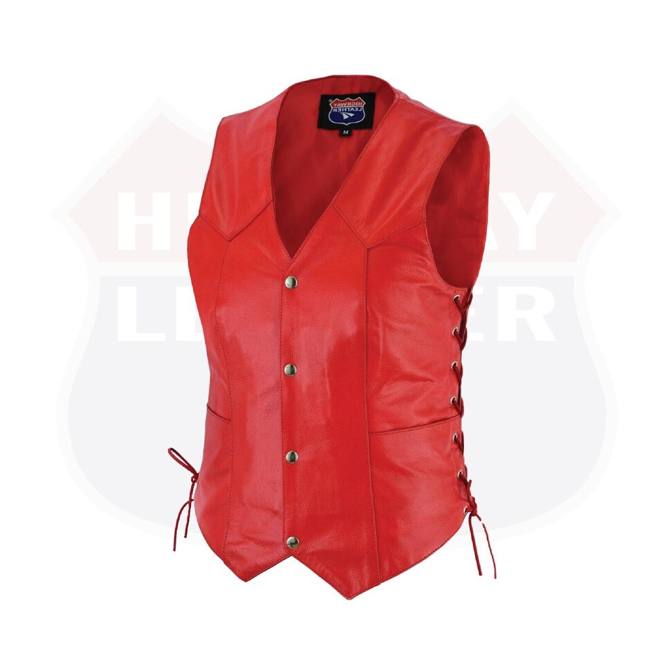 Red leather women's vest by Buffalo Leather Gear, featuring a stylish motorcycle club design and classic vest style.