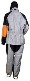 Men's orange and silver HighwayLeather rain suit with water resistance and reflective piping, designed for protection in wet weather.