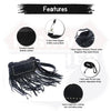 Feature callouts of fringe hip bag: buffalo leather, claw-hook clips, zippered compartment, strap and snaps