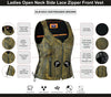 Buffalo Leather Gear women's distressed beige motorcycle vest with open neck and side laces, made of brown leather.