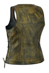 Buffalo Leather Gear women's distressed beige motorcycle vest with open neck and side laces, featuring a rugged leather design.