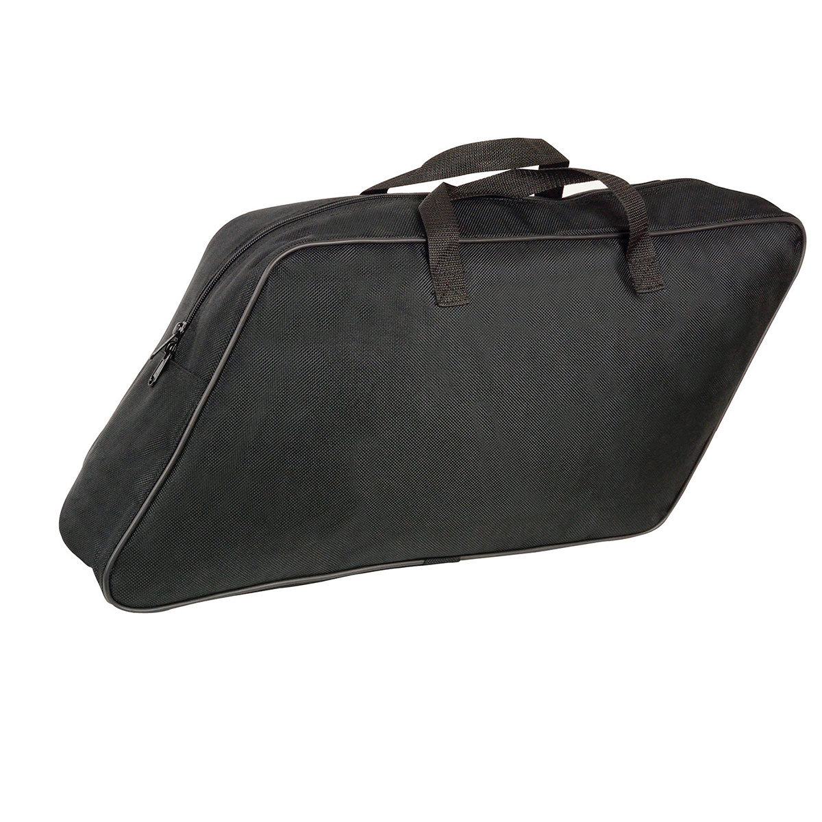 Milwaukee Leather black textile slant motorcycle saddlebag with inside liner, designed for biker bags and motorcycle storage.