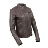 Women's brown leather motorcycle jacket with zipper front, casual style, by Milwaukee Leather, featuring a fitted design and stylish details.