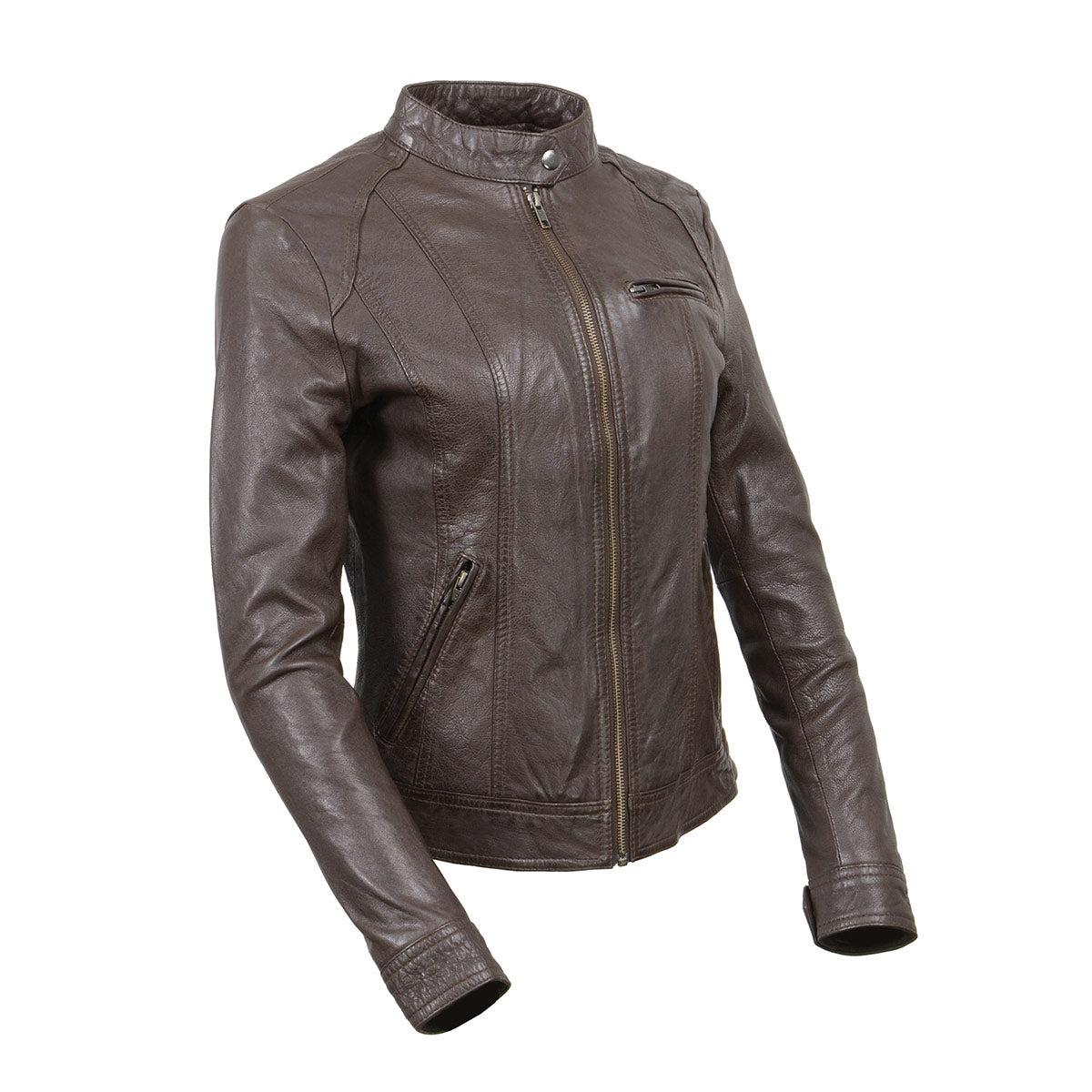 Women's brown leather motorcycle jacket with zipper front, casual style, by Milwaukee Leather, featuring a fitted design and stylish details.