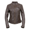 Women's brown leather motorcycle jacket with zipper front by Milwaukee Leather, casual fashion style.