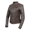 Women's brown Milwaukee Leather motorcycle jacket with front zipper, casual style, made of leather.