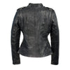 Milwaukee Leather women's black motorcycle-style jacket with asymmetrical zipper, leather material, and fashionable fit.