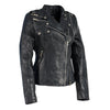 Milwaukee Leather women's black motorcycle-style jacket with asymmetrical zipper, featuring a fitted design and leather construction.