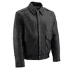 Milwaukee Leather men's black bomber leather jacket, classic style with front zipper and ribbed cuffs, displayed on a hanger.