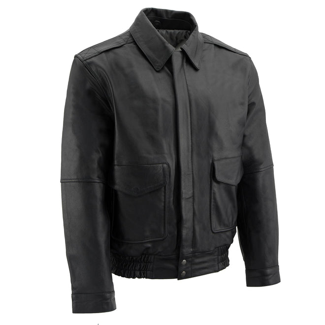 Milwaukee Leather men's black bomber leather jacket, classic style with front zipper and ribbed cuffs, displayed on a hanger.