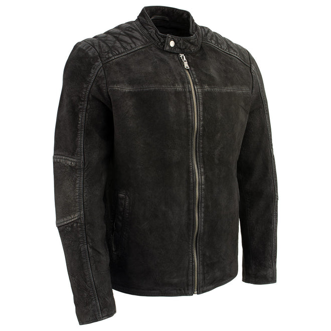 Milwaukee Leather men's black nubuck leather motorcycle-style jacket with zipper front and vintage design, ideal for motorcycle fashion.