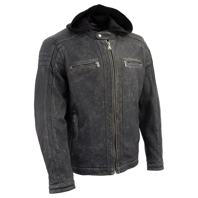 Milwaukee Leather men's black nubuck leather motorcycle jacket with hoodie and vintage style, featuring quilted details and front zip.