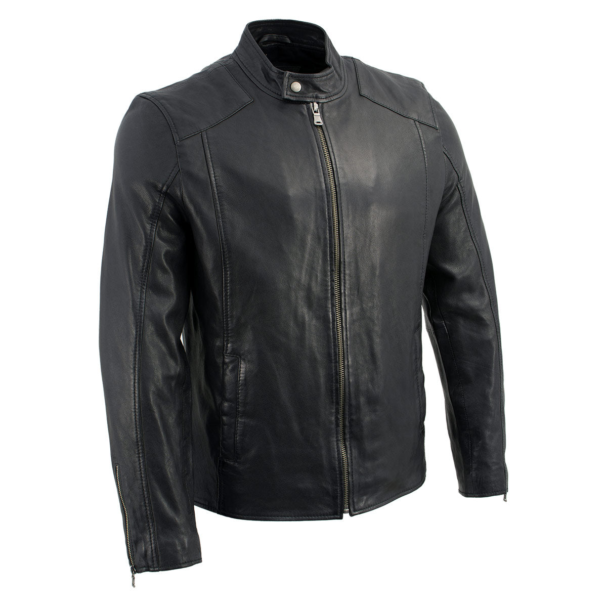Men's black leather moto jacket by Milwaukee Leather, stylish black men's jacket with modern moto design and detailed stitching.