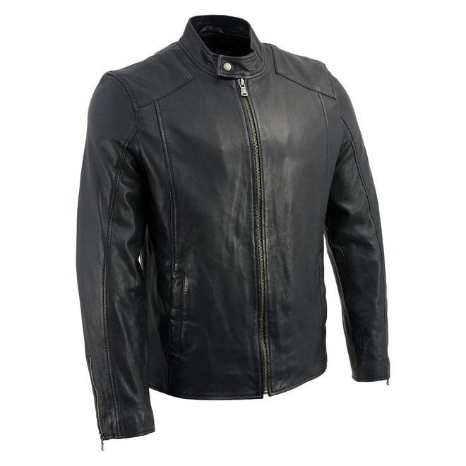 Men's black leather moto jacket by Milwaukee Leather, stylish black men's jacket with modern moto design and detailed stitching.