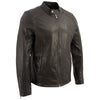 Milwaukee Leather men's brown leather moto style jacket with classic design and front zipper, displayed on a hanger.