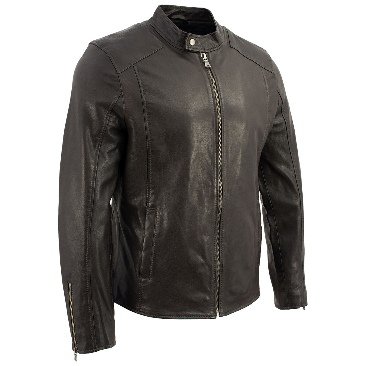Milwaukee Leather men's brown leather moto style jacket with classic design and front zipper, displayed on a hanger.