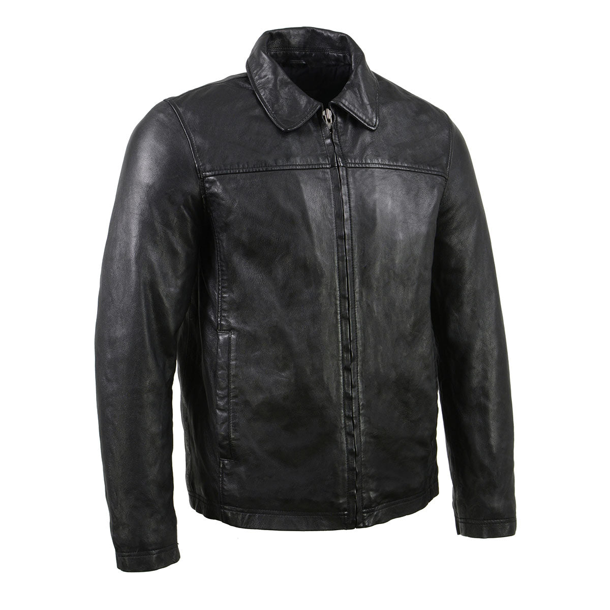 Milwaukee Leather vintage men's black zipper front jacket with shirt collar, classic design and durable leather construction.