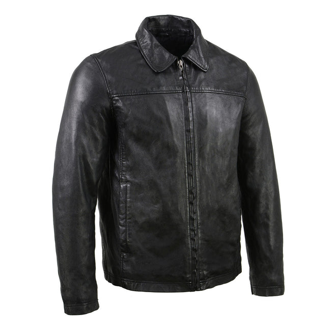 Milwaukee Leather vintage men's black zipper front jacket with shirt collar, classic design and durable leather construction.