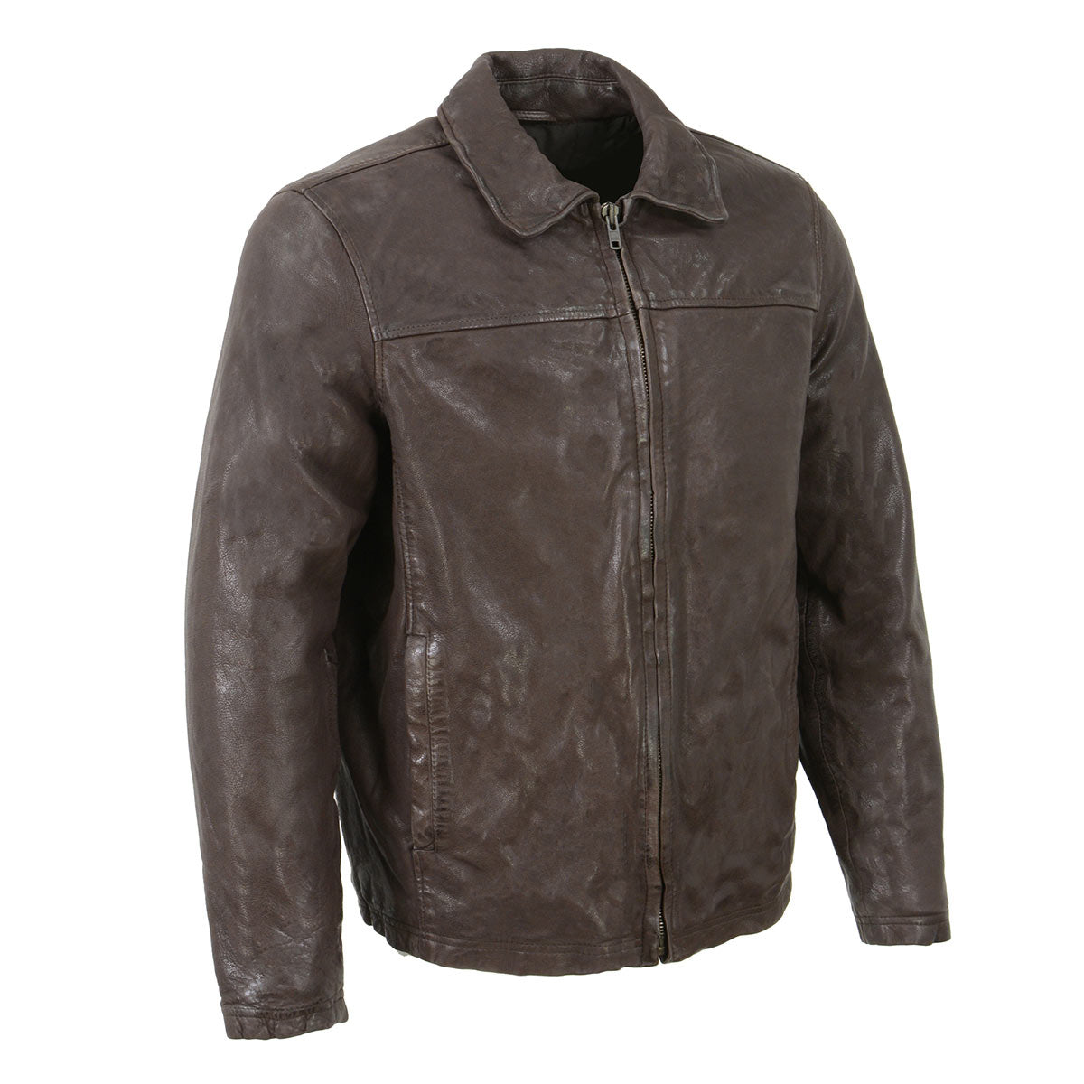 Milwaukee Leather vintage men's brown zipper front jacket with shirt collar, classic style and durable leather construction.