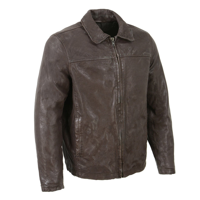Milwaukee Leather vintage men's brown zipper front jacket with shirt collar, classic style and durable leather construction.