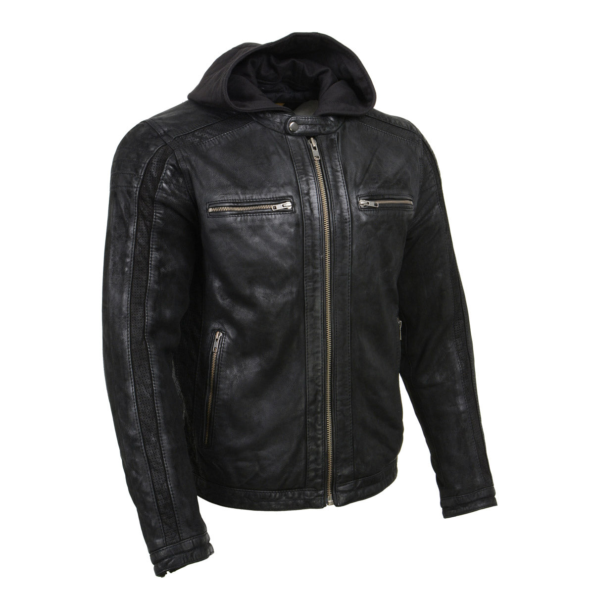 Milwaukee Leather men's black vintage leather hooded jacket with premium material, front zipper, and stylish design.