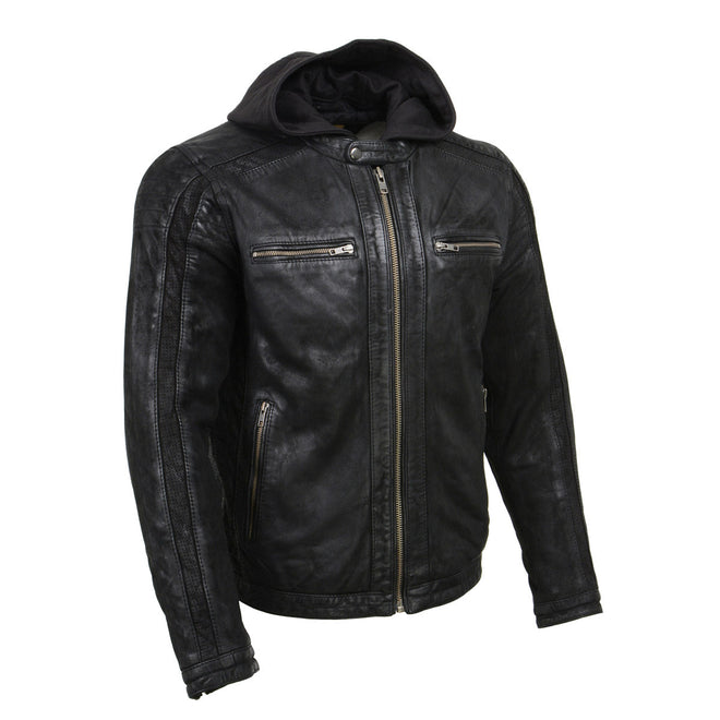 Milwaukee Leather men's black vintage leather hooded jacket with premium material, front zipper, and stylish design.