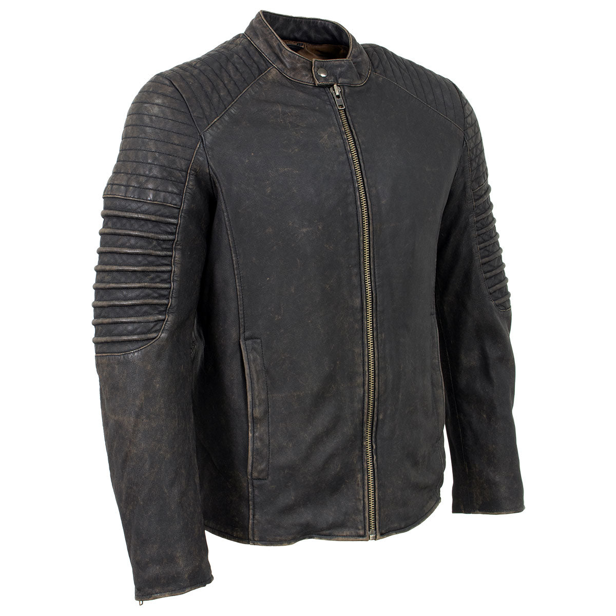 Milwaukee Leather men's vintage brown leather jacket with seamed details, shoulder design, and front zipper closure.